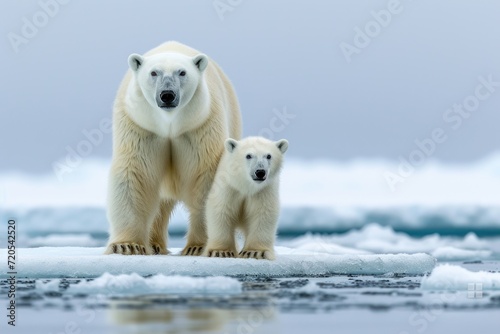 Majestic Polar Bear and Cub Standing on Melting Ice in the Arctic