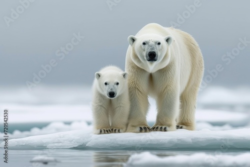 Majestic Polar Bear and Cub Standing on Melting Ice in the Arctic