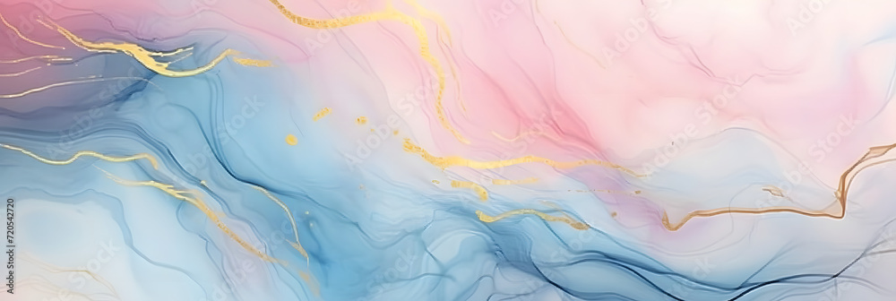 Abstract watercolor paint background illustration - Soft pastel pink blue color and golden lines, with liquid fluid marbled paper texture banner texture,