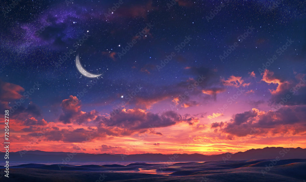 Young moon in the night sky. Sky, night stars and moon, Islamic night sunset.