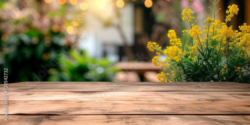 Empty wooden table in front spring mimosa flowers blurred background banner  for product display in a coffee shop, local market or bar photo