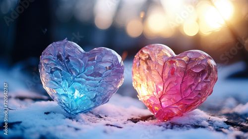 Two glowing hearts made of fused glass or intricate crystals on snow, Valentine's day concept