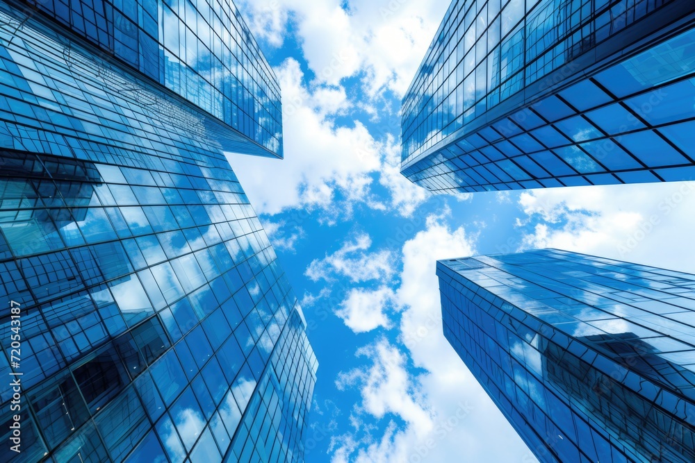 Upward View of Modern Skyscrapers Against a Sky with Clouds Reflecting on Glass Facades