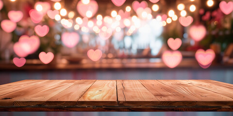 Empty wooden table in front of pink heat shape blurred valentine day light background for product display in a coffee shop, local market or bar