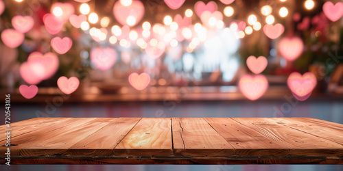 Empty wooden table in front of pink heat shape blurred valentine day light background for product display in a coffee shop, local market or bar photo