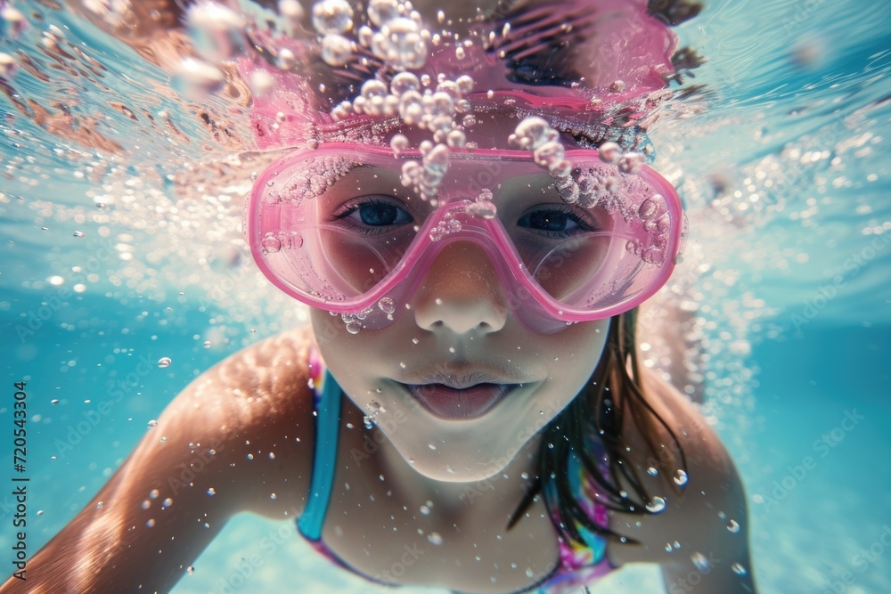 Underwater Adventure: Young Girl Swimming with Pink Goggles