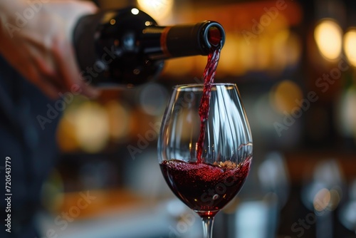 Elegant Red Wine Pouring into Glass with Blurred Background