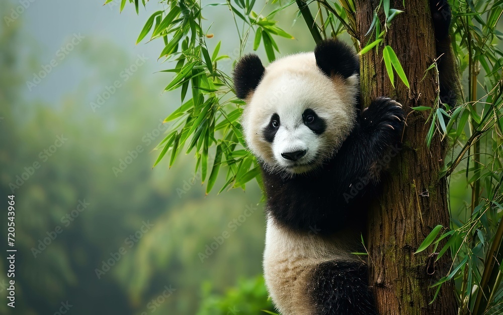 Fototapeta premium panda gracefully climbing a bamboo tree
