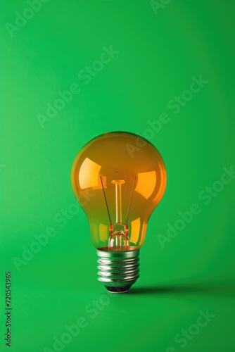 Conceptual Energy-Saving Theme with Light Bulb on Green Background