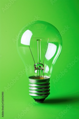 Conceptual Energy-Saving Theme with Light Bulb on Green Background