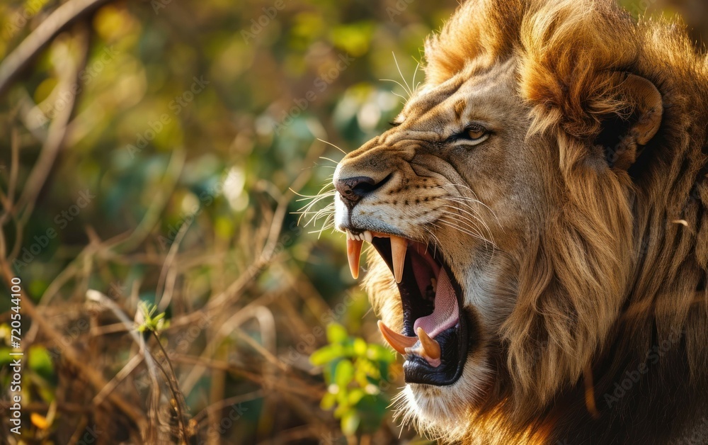 Fototapeta premium Close Up Shot of Male Lion Emitting a Powerful Roar in the Wilderness