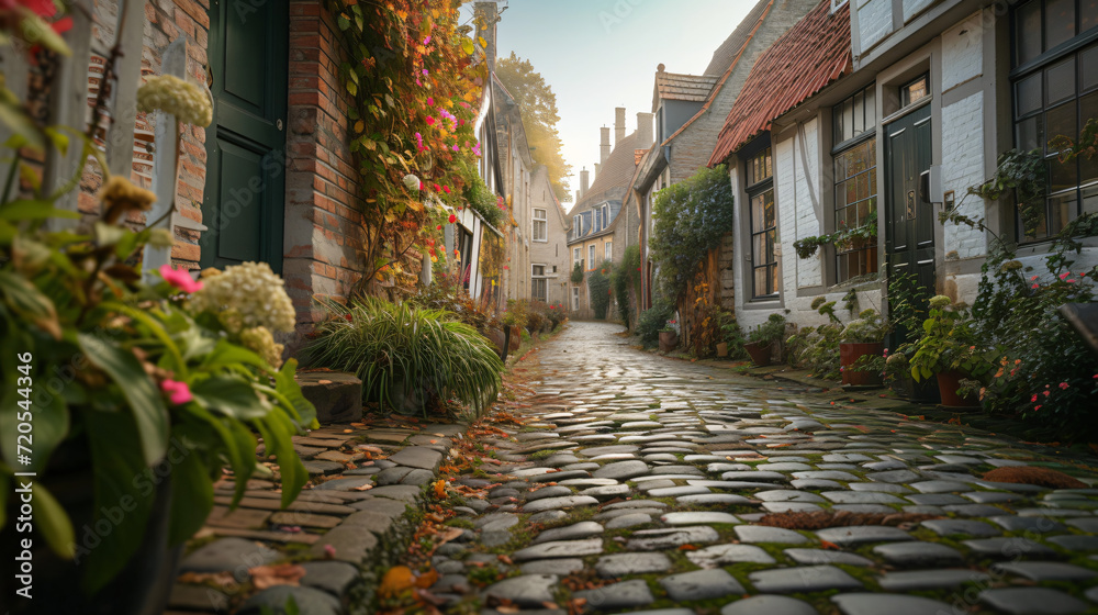 An ancient cobblestone street in a European town lined with historic buildings and flowering plants.