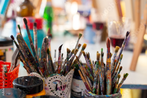 Assorted Paintbrushes in Artist's Studio