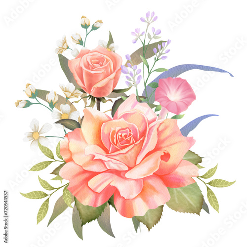 Watercolor bouquet of pink roses