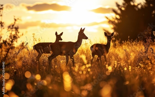 Deer family moving gracefully through a meadow