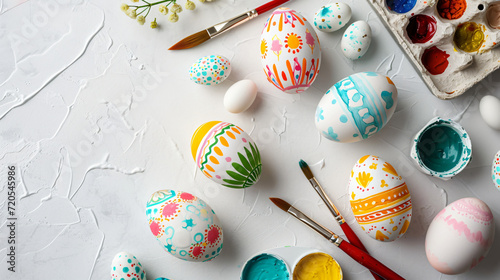An artistic flat lay featuring decorated Easter eggs watercolor paints and paintbrushes on a white canvas background.