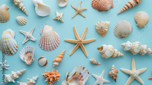 An artistic flat lay of assorted seashells starfish and coral pieces arranged on a light blue background creating a marine-themed composition.