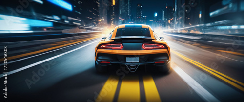 "High-Speed Night Drive, Sports Car Racing on Illuminated City Highway, Urban, Velocity, Motorsports"