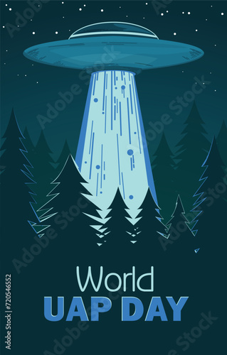 World UAP Day. Alien spaceship emitting light beam over forest at night, vector illustration
