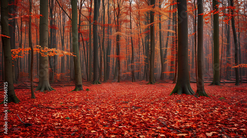 An autumnal forest with vibrant red and orange leaves a carpet of fallen leaves on the forest floor. photo