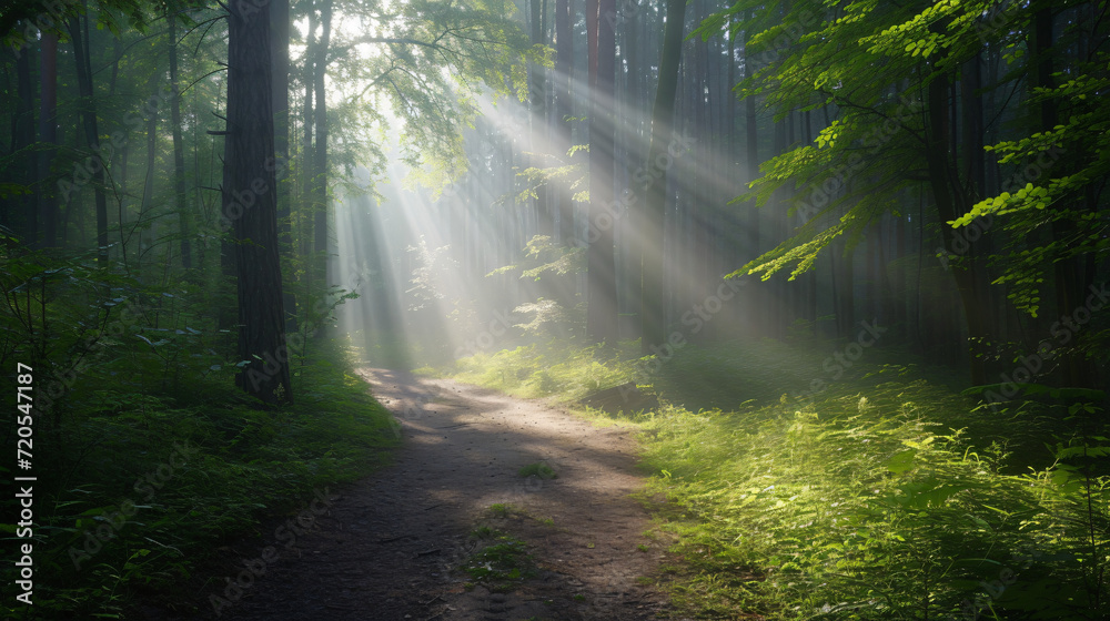 An early morning run through a foggy tranquil forest path rays of sunlight piercing through.