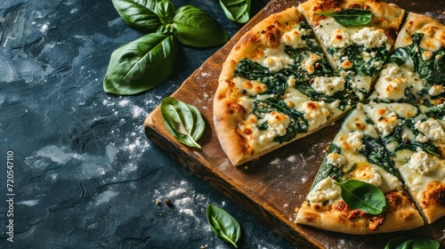 White pizza with ricotta and spinach on a modern kitchen backdrop