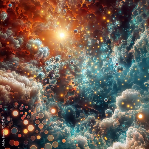 Cosmic cloud, ablaze with light, glowing dots dance in the infinite night. © LIDIIA