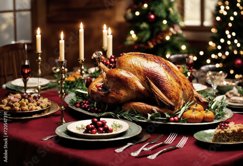 Une table de noël avec une dinde en plat - generative AI