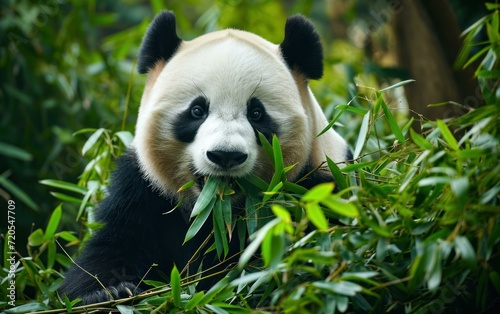 Panda contentedly feasting on a bed of fresh bamboo leaves