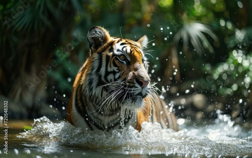 tiger playfully splashing in a jungle stream