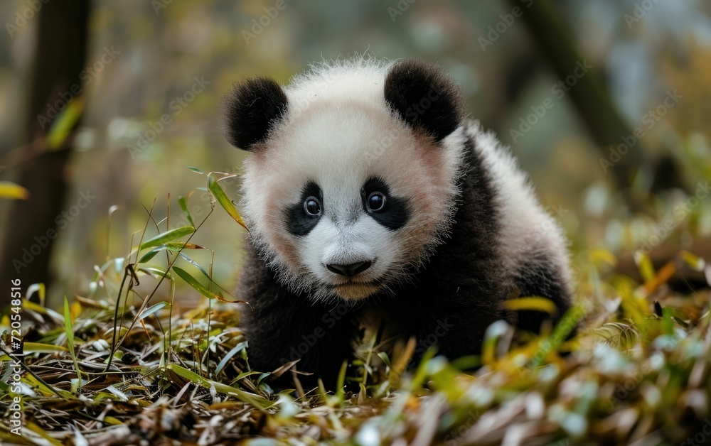 panda cub eagerly exploring its surroundings with curiosity