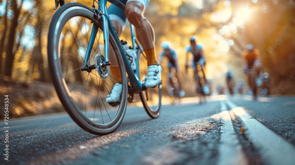 Lifestyle, cycling race. A cyclist rides a bicycle, wheel and road close-up. Hobbies and recreation. Lifestyle, cycling race. A cyclist rides a bicycle, wheel and road close-up. Hobbies and recreation.