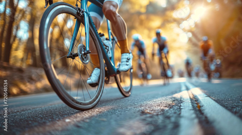 Lifestyle, cycling race. A cyclist rides a bicycle, wheel and road close-up. Hobbies and recreation.