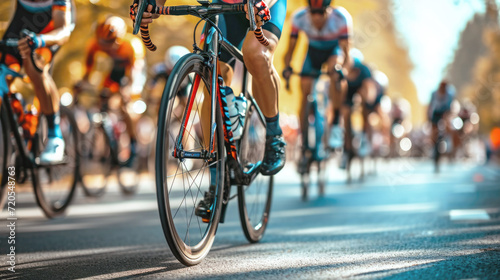 Lifestyle, cycling race. A cyclist rides a bicycle, wheel and road close-up. Hobbies and recreation. photo