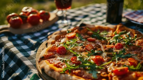 Veggie loaded pizza against a vibrant outdoor picnic setting