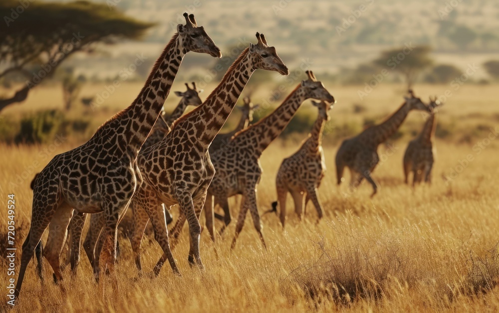 Obraz premium giraffes moving with synchronized through the savannah