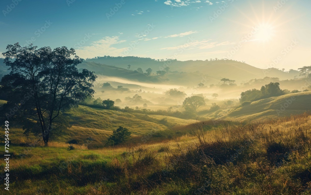A serene countryside with rolling hills and morning mist