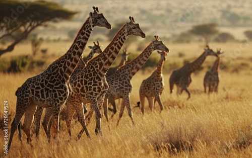 giraffes moving with synchronized through the savannah