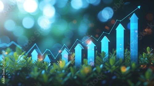 An upward curving arrow symbolizing financial growth and success overlays a background of charts and graphs, representing detailed profit analysis and development in business.