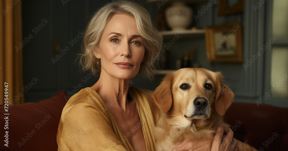 Beautiful middle aged german woman sitting on sofa at home with dog