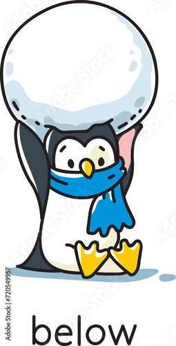 Preposition of place. Penguin below the snowball