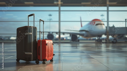 large suitcases in front of an airport window at dawn with planes in the background in high resolution and quality. international travel concept photo