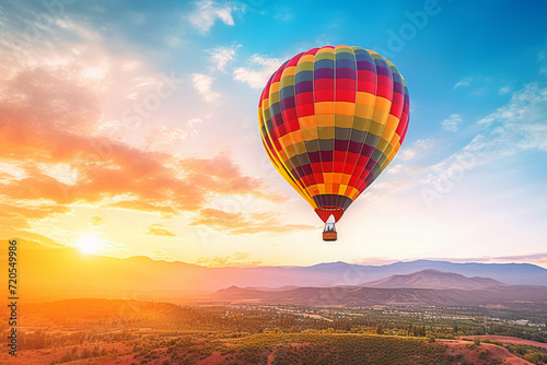 Vibrant hot air balloon floats over scenic mountains at sunset.