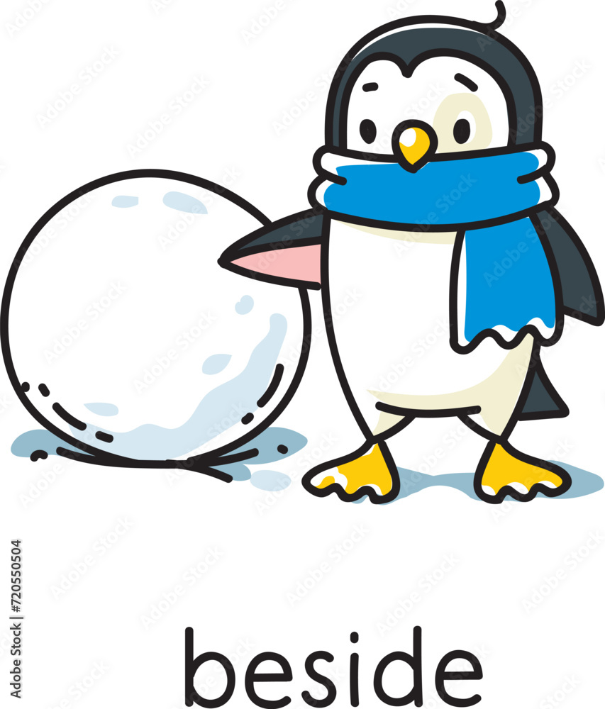 Obraz premium Preposition of place. Penguin beside the snowball