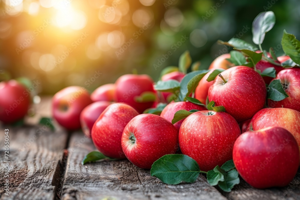 A group of vibrant red apples arranged neatly on a wooden table. A group of vibrant red apples arranged neatly on a wooden table.