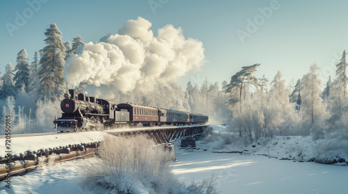 An old-fashioned locomotive train chugging through a snowy landscape.