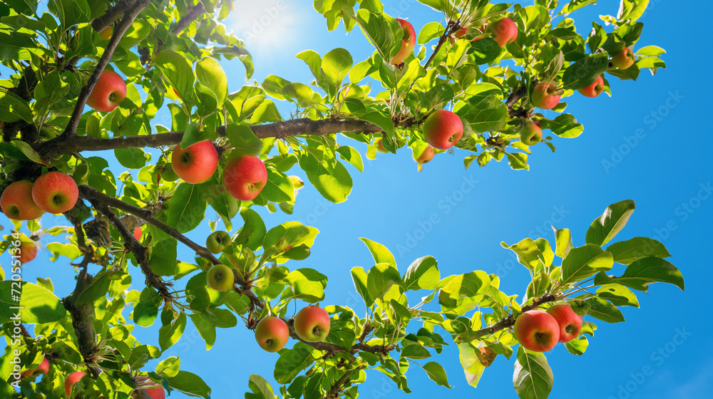 Apple Tree Laden with Ripe Fruits Basking in Bright Sunlight, Vivid Green Leaves Against a Clear Blue Sky.