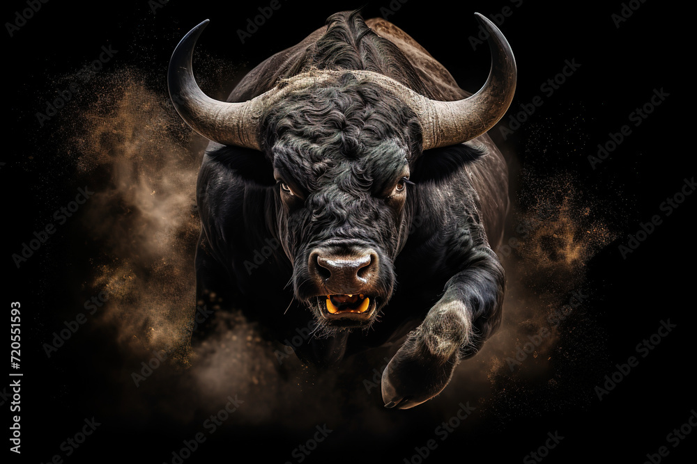 Black Camargue bull face portrait on a black isolated background Black Camargue bull face portrait on a black isolated background
