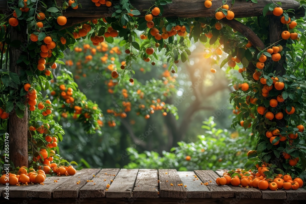 A wooden table filled with a plentiful arrangement of fresh oranges.