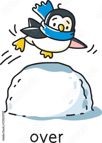 Preposition of place Penguin jumps over a snowball